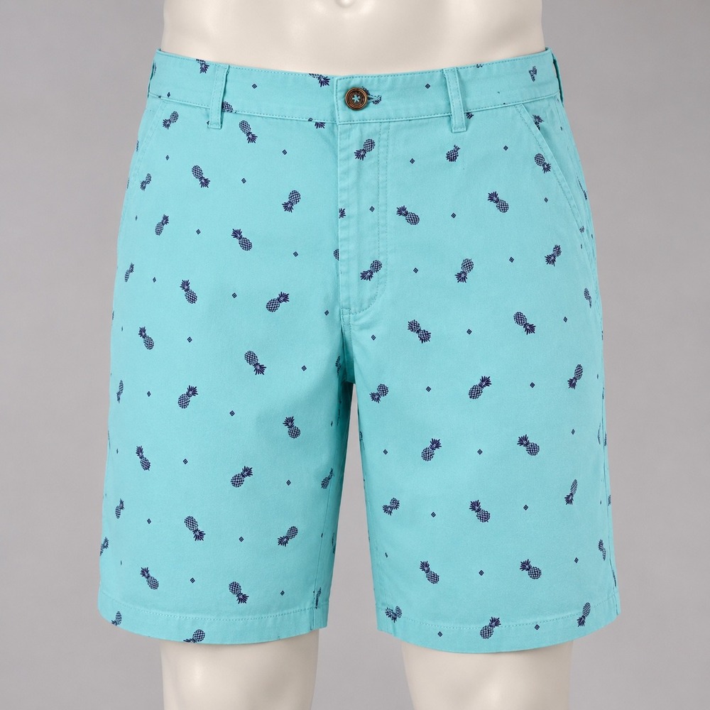 Hudson and Barrow Mens Pineapple Print Chino Shorts Aqua Blue Size 34 NWT Beach